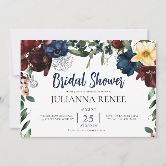 Elegant Script Blush Navy Bloemen Vrijgezellenfees Kaart (Voorkant)