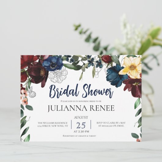 Elegant Script Blush Navy Bloemen Vrijgezellenfees Kaart (Staand voorkant)