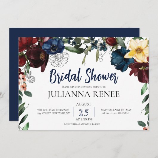 Elegant Script Blush Navy Bloemen Vrijgezellenfees Kaart (Voorkant / Achterkant)