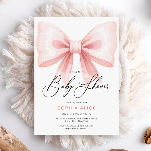 Elegant Script Blush Pink Coquette Bow Baby shower Kaart