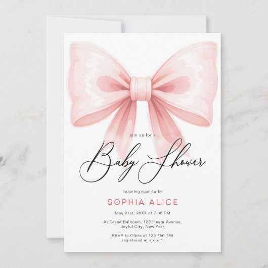 Elegant Script Blush Pink Coquette Bow Baby shower Kaart (Voorkant)