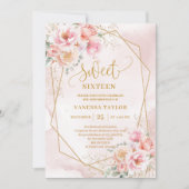 Elegant Script Blush Pink Gold Flowers Sweet 16 Kaart (Voorkant)