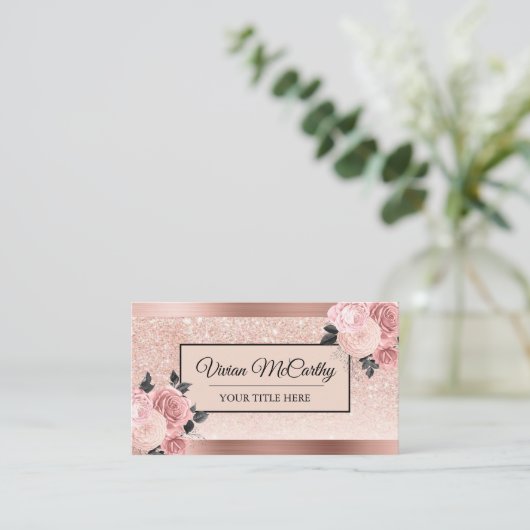 Elegant Script Blush Roos Floral & Folie Glitter Visitekaartje (Staand voorkant)