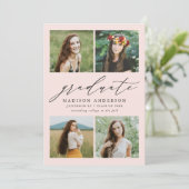 Elegant Script Blush Roze 4 Foto Graduation Party Kaart (Staand voorkant)