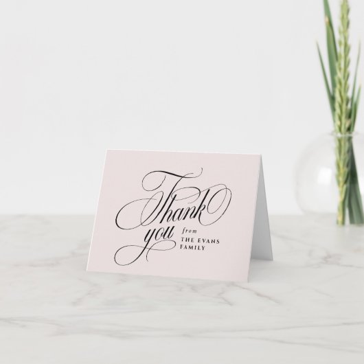 Elegant script blush roze baby shower bedankkaart (Voorkant)
