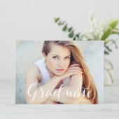 Elegant Script Blush Roze Foto Afstuderen Aankondiging (Staand voorkant)