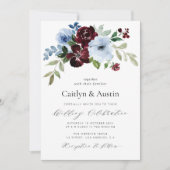 elegant script bogundy dusty blue floral bruiloft kaart (Voorkant)