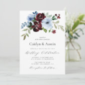 elegant script bogundy dusty blue floral bruiloft kaart (Staand voorkant)