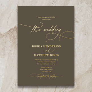 Elegant Script Boho Bruiloft Bruin Folie Uitnodiging