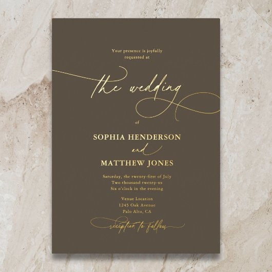 Elegant Script Boho Bruiloft Bruin Folie Uitnodiging