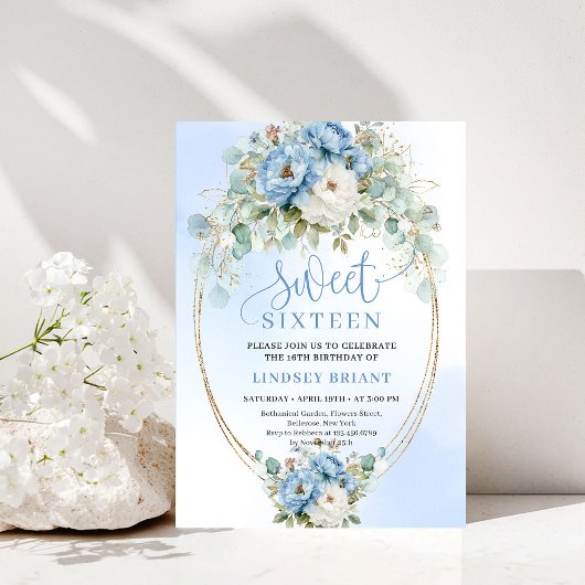 Elegant Script Boho Dusty Blue Peony Sweet Sixteen Kaart
