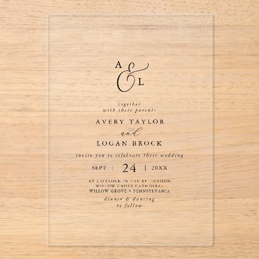 Elegant Script Boho Eenvoudig Monogram Moderne bru Acryl Uitnodigingen (Voorkant)