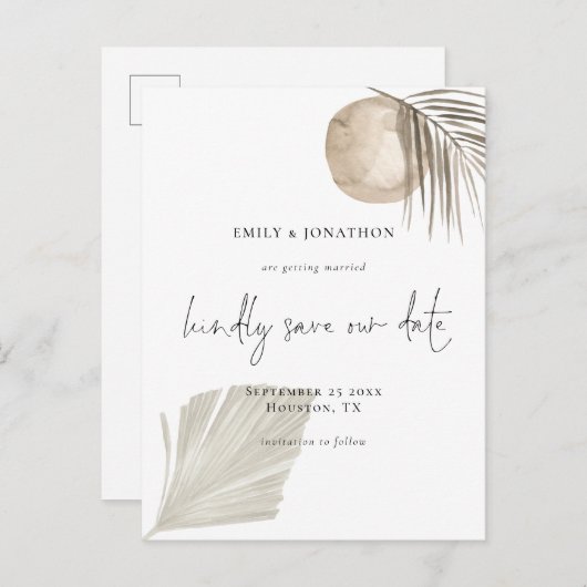 Elegant Script Boho Pampas Grass Sla de datum op Uitnodiging Briefkaart (Voorkant / Achterkant)