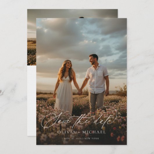 Elegant Script Boho Trouwfoto Save The Date (Voorkant / Achterkant)