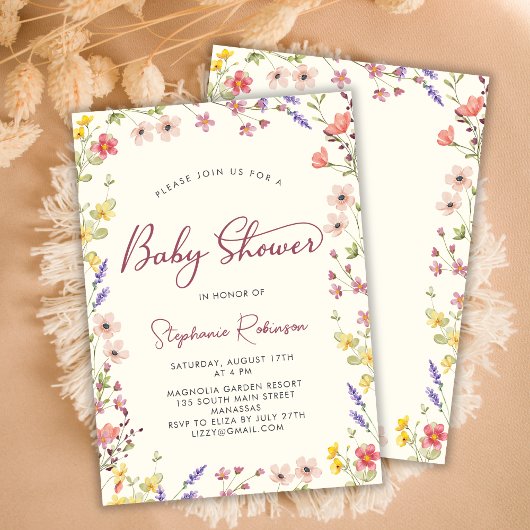 Elegant Script Boho Wildflower Girl Baby shower Kaart