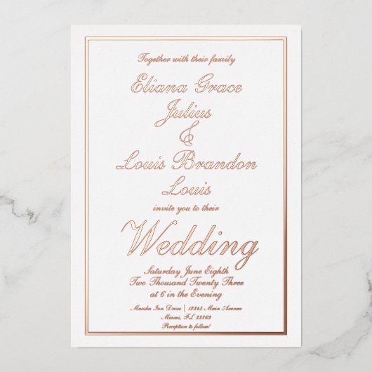 Elegant Script Border Wedding geduwd op Folie Uitnodiging (Voorkant)