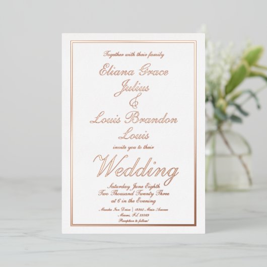 Elegant Script Border Wedding geduwd op Folie Uitnodiging (Staand Voorkant)