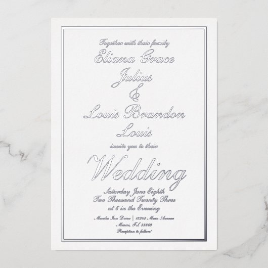 Elegant Script Border Wedding geperst Silver Folie Uitnodiging (Voorkant)