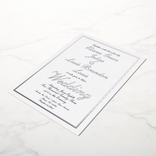Elegant Script Border Wedding geperst Silver Folie Uitnodiging (Gedraaid)