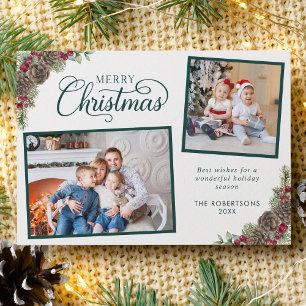 Elegant Script Botanical 2 Foto Christmas Green Feestdagenkaart