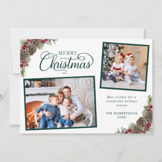 Elegant Script Botanisch 2 Foto Kerst Groen Feestdagenkaart (Voorkant)