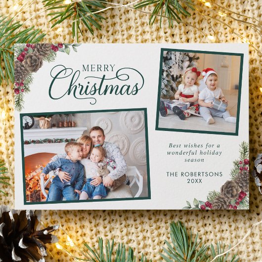 Elegant Script Botanisch 2 Foto Kerst Groen Feestdagenkaart