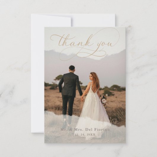 Elegant Script Botanische 2-foto overlay bruiloft Bedankkaart (Voorkant)