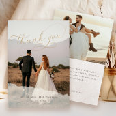 Elegant Script Botanische 2-foto overlay bruiloft Bedankkaart