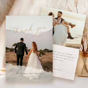Elegant Script Botanische 2-foto overlay bruiloft Bedankkaart