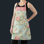 Elegant script Botanische Bloemen Schort<br><div class="desc">Een  lichtblauw en roze floraal schort. Personaliseer het met jouw naam. Ontworpen voor u door Blackberry Boulevard.</div>