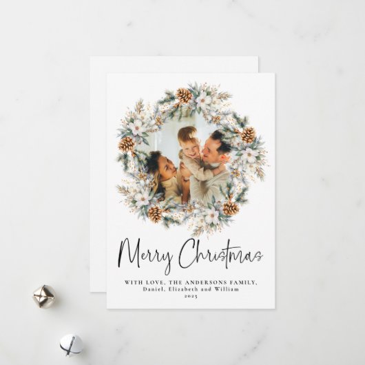Elegant script botanische krans | Foto van Kerstmi Feestdagenkaart (Voorkant / Achterkant in situ)