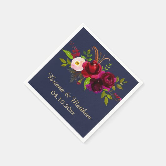 Elegant Script Bourgogne Bloemen Navy Blauw Servet (Hoek)