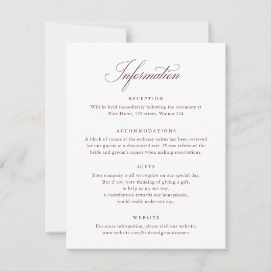 Elegant Script Bourgogne Bruiloft Info Kaart (Voorkant)