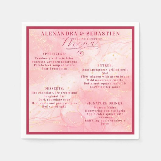 Elegant Script Bourgogne Roos Gold Wedding Menu Servet (Voorkant)
