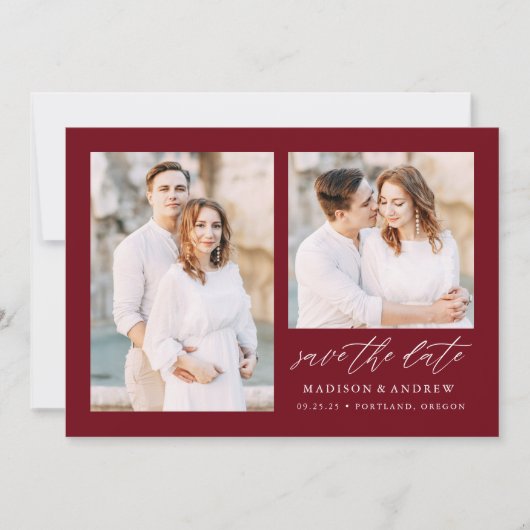 Elegant Script Bourgondië 2 Foto Save The Date (Voorkant)