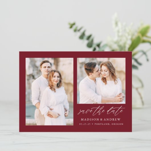 Elegant Script Bourgondië 2 Foto Save The Date (Staand voorkant)