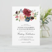 Elegant script Bourgondië blush marine blauw bruil Kaart (Staand voorkant)