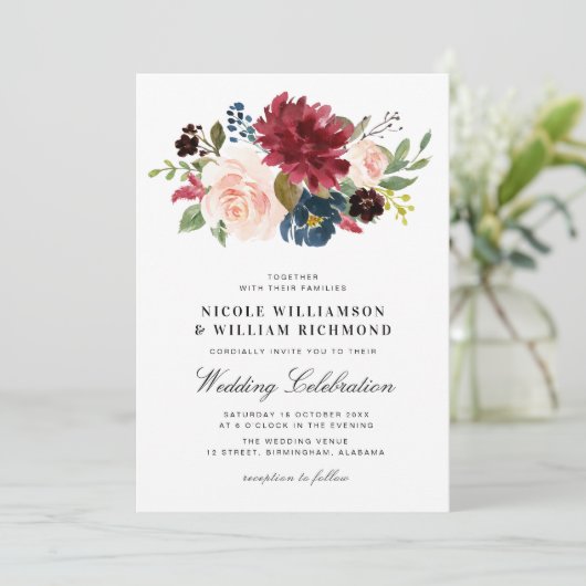 Elegant script Bourgondië blush marine blauw bruil Kaart (Staand voorkant)