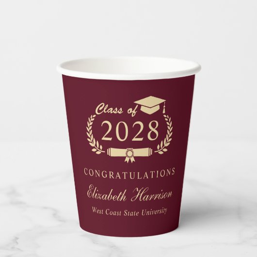 Elegant Script Bourgondië rood goud Afstuderen Papieren Bekers (Achterkant)