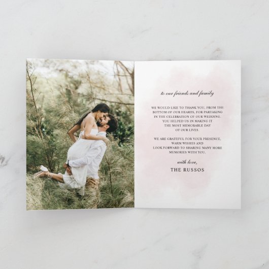 Elegant Script Bourgondië Roze Blush Bloemen Foto Bedankkaart (Binnen)