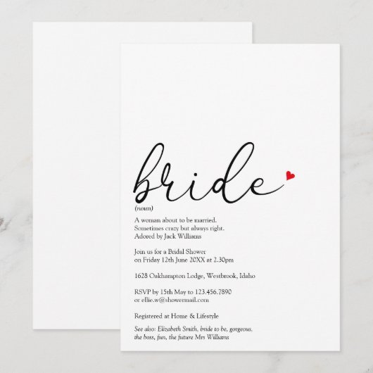 Elegant Script Bride Definition Vrijgezellenfeest Kaart (Voorkant / Achterkant)