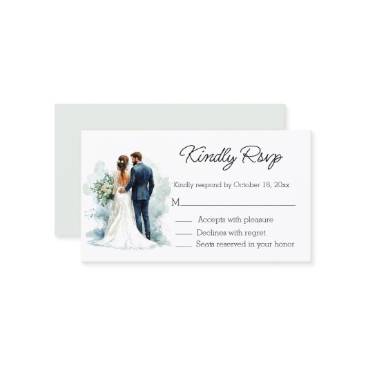 elegant script bride & groom rsvp wedding informatiekaartje (Voorkant / Achterkant in situ)