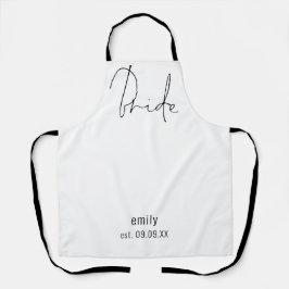 Elegant Script Bride Name Date Black White Apron Schort