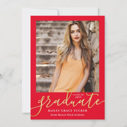 Elegant Script Bright Red Gold 2-foto Afstuderen Aankondiging (Voorkant)