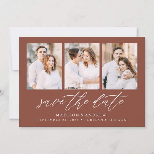 Elegant Script Brown 3 Photo Collage Save The Date (Voorkant)