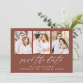 Elegant Script Brown 3 Photo Collage Save The Date (Staand voorkant)