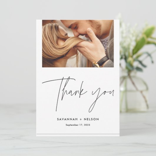 Elegant script bruiloft bedankkaart met foto (Staand voorkant)