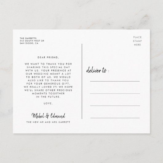 Elegant script bruiloft bedankt briefkaart (Achterkant)