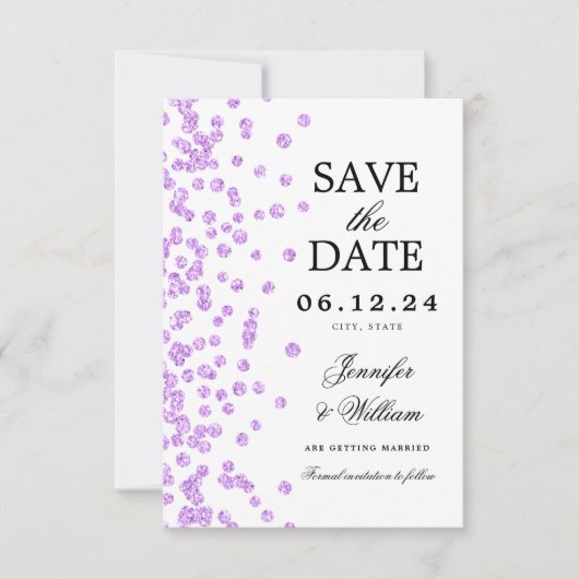 Elegant script bruiloft Confetti Paarse Save The Date (Voorkant)