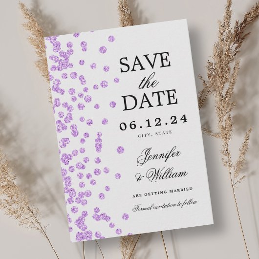 Elegant script bruiloft Confetti Paarse Save The Date